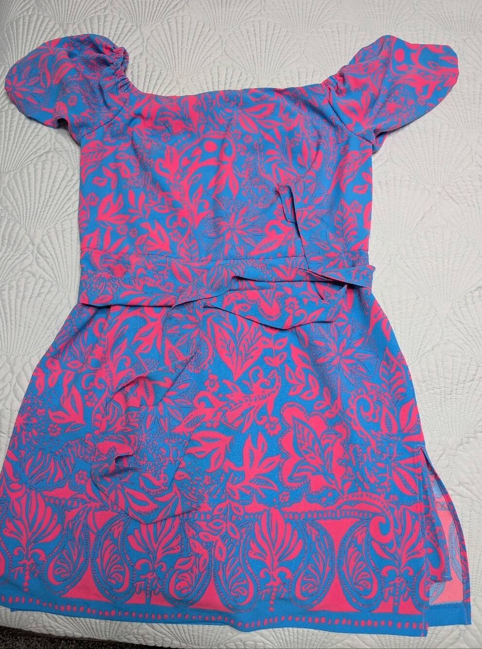 Lilly Pulitzer Neon Pink & Bright Blue Off-Shoulder Casual Dress